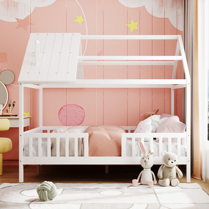 AS32- Full Size Wood House Bed with Fence - Likeshoppe 