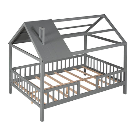 AS32- Full Size Wood House Bed with Fence - Likeshoppe 