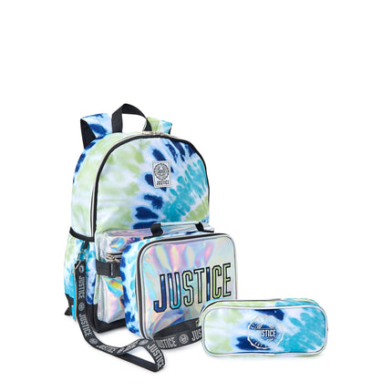 BZ2- Justice Girls 17" Laptop Backpack, Lunch Tote and Pencil Case, 3-Piece Set Metallic Print Blue Tie Dye - Likeshoppe 