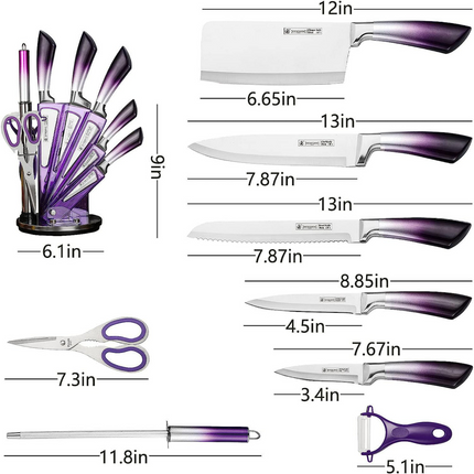 BN3- Knife Set, 9-Pieces Purple Gradient Handle Stainless Steel Chef Knife Set, Ultra Sharp Non-stick Cooking Knife Set with Acrylic Stand for Cutting Chopping Slicing Dicing - Likeshoppe 