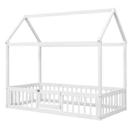 AS13- Twin Size Wood House Bed with Fence and Door - Likeshoppe 