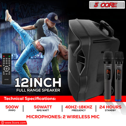 CC9- 5 Core DJ speakers 12" Rechargeable Powered PA system 500W Loud Speaker Bluetooth USB SD Card AUX MP3 FM LED Ring - ACTIVE HOME 12 2-MIC - Likeshoppe 