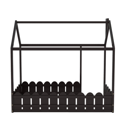 AS24- (Slats are not included) Twin Size Wood Bed House Bed Frame with Fence;  for Kids;  Teens;  Girls;  Boys - Likeshoppe 