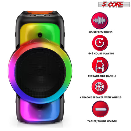 CC17- 5 Core Karaoke Machine Bluetooth Portable Singing PA Speaker System w Cool DJ Light Support FM + TWS + USB + Memory Card + AUX + REC Party Speakers Includes Two Wireless Mics PLB 12X1 2MIC - Likeshoppe 