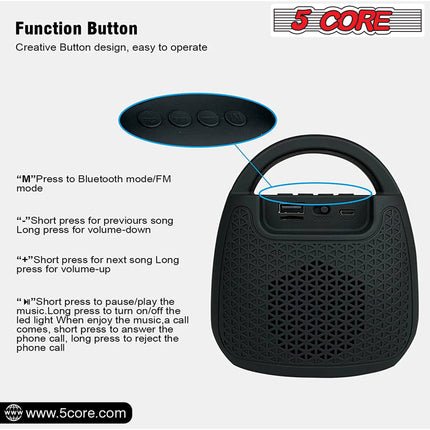 CC24- 4" Portable Bluetooth Speaker Outdoor Wireless Mini 40W with Loud Stereo and Booming Bass, USB, FM, 10H Playtime, LED Party Lights, Water Resistant 5 Core - BLUETOOTH 13B - Likeshoppe 