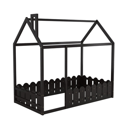 AS24- (Slats are not included) Twin Size Wood Bed House Bed Frame with Fence;  for Kids;  Teens;  Girls;  Boys - Likeshoppe 
