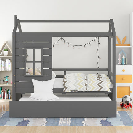 AS9- Twin Size House Bed Wood Bed with Twin Size Trundle - Likeshoppe 