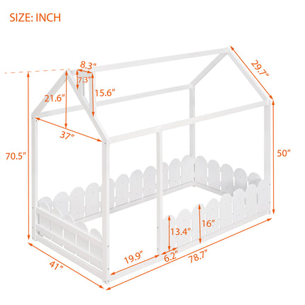 AS24- (Slats are not included) Twin Size Wood Bed House Bed Frame with Fence;  for Kids;  Teens;  Girls;  Boys - Likeshoppe 
