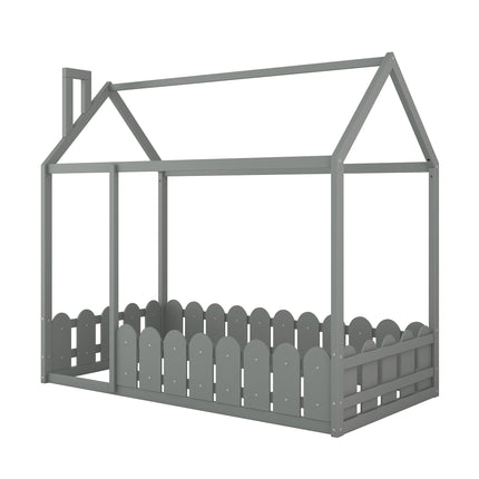 AS24- (Slats are not included) Twin Size Wood Bed House Bed Frame with Fence;  for Kids;  Teens;  Girls;  Boys - Likeshoppe 