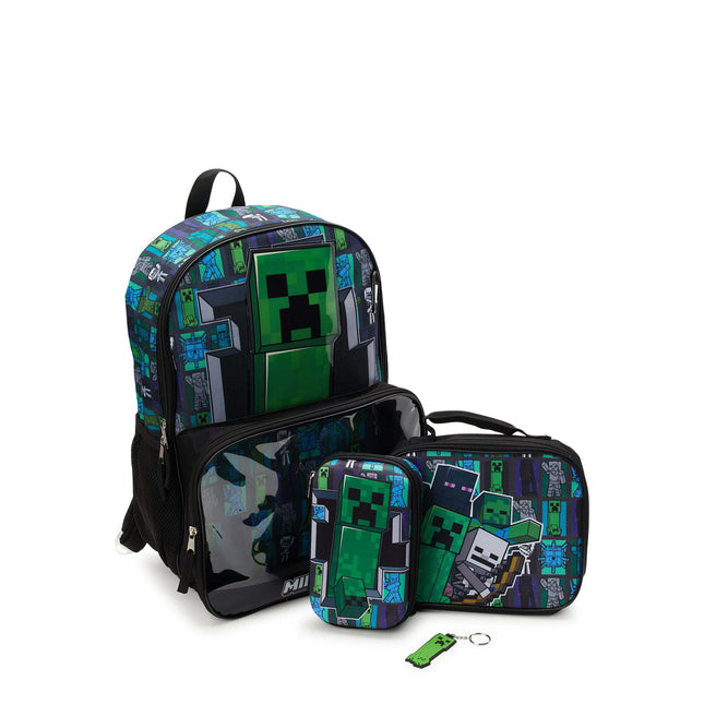 BZ3- Minecraft Creeper 17" Laptop Backpack and Lunch Bag Set, 4-Piece, Black - Likeshoppe 