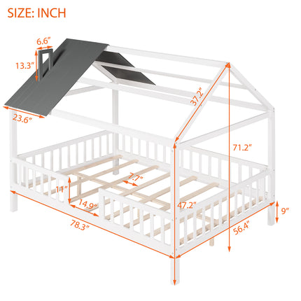 AS32- Full Size Wood House Bed with Fence - Likeshoppe 