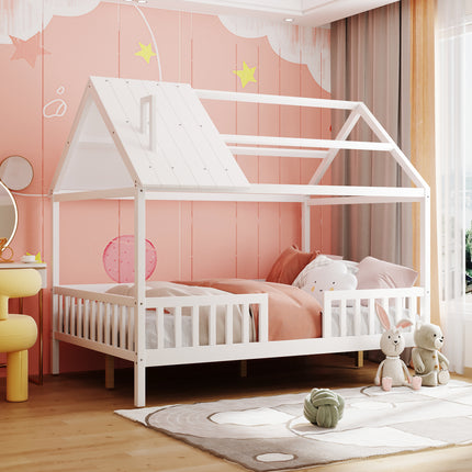 AS32- Full Size Wood House Bed with Fence - Likeshoppe 