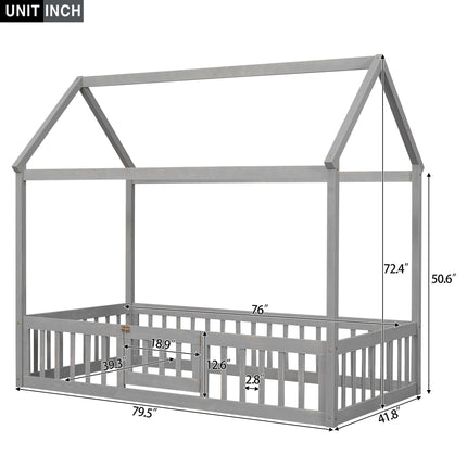 AS13- Twin Size Wood House Bed with Fence and Door - Likeshoppe 
