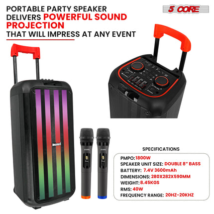 CC14- 5 Core Bluetooth Speaker Karaoke Machine • 8" 3 Way Speaker • Portable Singing PA System • w DJ Light • FM + TWS + USB + SD Card + AUX + REC • Party Speakers Include Two Wireless Mics- PLB 8X2 2MIC - Likeshoppe 
