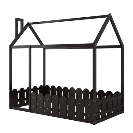 AS24- (Slats are not included) Twin Size Wood Bed House Bed Frame with Fence;  for Kids;  Teens;  Girls;  Boys - Likeshoppe 