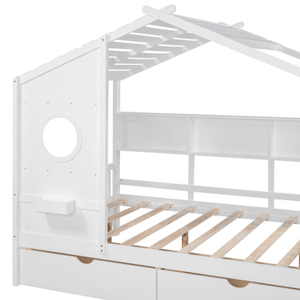AS37- Wooden Full Size House Bed with 2 Drawers,Kids Bed with Storage Shelf - Likeshoppe 