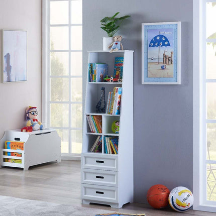 AT17- Kids Funnel White Bookcase Book Shelf Storage Unit with Book Display/Organizer Drawers - Classic White Color - Likeshoppe 