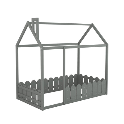AS24- (Slats are not included) Twin Size Wood Bed House Bed Frame with Fence;  for Kids;  Teens;  Girls;  Boys - Likeshoppe 