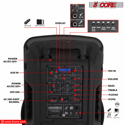 CC9- 5 Core DJ speakers 12" Rechargeable Powered PA system 500W Loud Speaker Bluetooth USB SD Card AUX MP3 FM LED Ring - ACTIVE HOME 12 2-MIC - Likeshoppe 