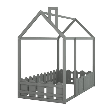AS24- (Slats are not included) Twin Size Wood Bed House Bed Frame with Fence;  for Kids;  Teens;  Girls;  Boys - Likeshoppe 