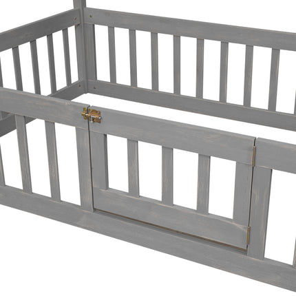 AS13- Twin Size Wood House Bed with Fence and Door - Likeshoppe 