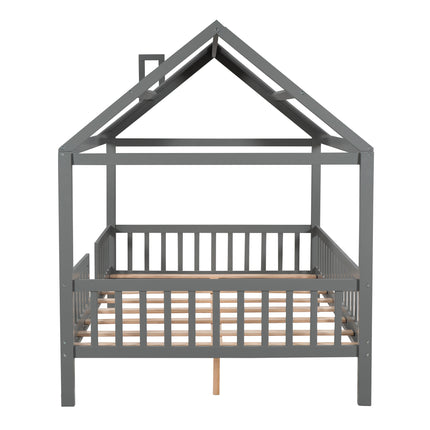 AS32- Full Size Wood House Bed with Fence - Likeshoppe 
