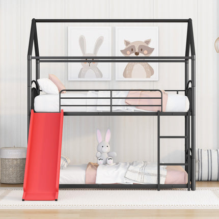 AS18-Twin Over Twin Metal Bunk Bed With Slide; Kids House Bed - Likeshoppe 