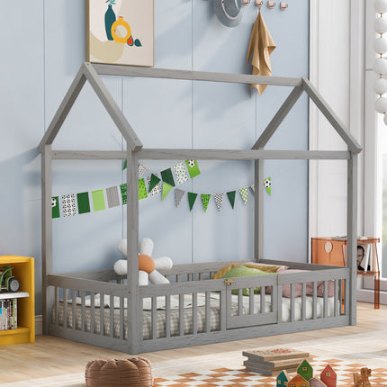 AS13- Twin Size Wood House Bed with Fence and Door - Likeshoppe 