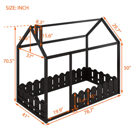 AS24- (Slats are not included) Twin Size Wood Bed House Bed Frame with Fence;  for Kids;  Teens;  Girls;  Boys - Likeshoppe 