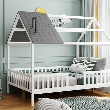 AS32- Full Size Wood House Bed with Fence - Likeshoppe 