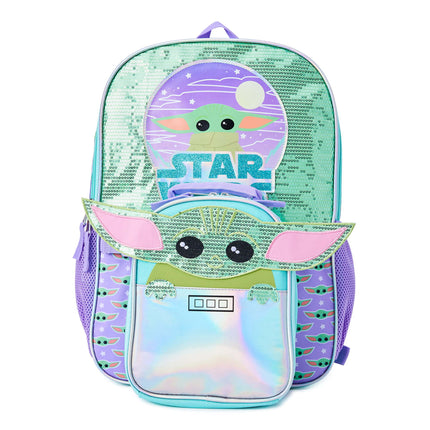 BZ6- Star Wars Mandalorian Baby Yoda Girls 17" Laptop Backpack 2-Piece Set with Lunch Tote Bag, Purple Green - Likeshoppe 