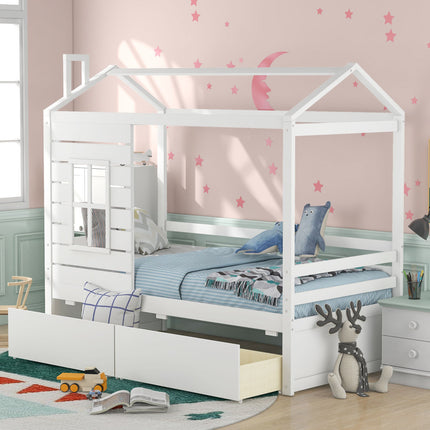 AS8- Twin Size House Bed Wood Bed with Two Drawers - Likeshoppe 