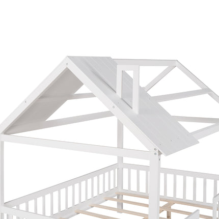 AS32- Full Size Wood House Bed with Fence - Likeshoppe 