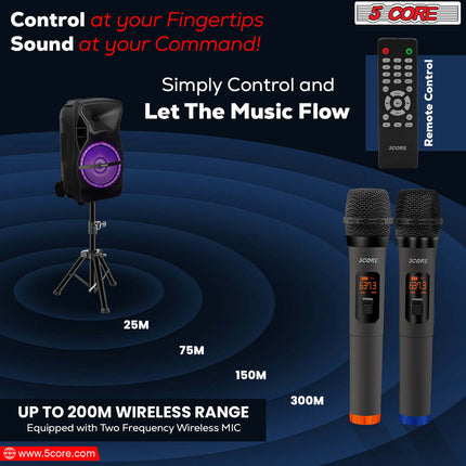 CC6- 5 Core Powered PA Speaker 80W RMS Portable Active Powered DJ Audio System w Bluetooth 5.1 Two Wireless UHF Mics and Remote - ACTIVE HOME 15 2-MIC - Likeshoppe 