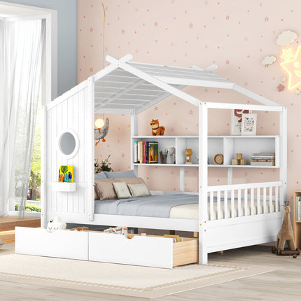 AS37- Wooden Full Size House Bed with 2 Drawers,Kids Bed with Storage Shelf - Likeshoppe 