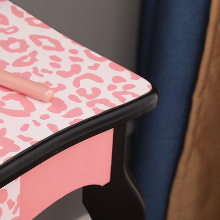 AY5- Kids Gisele Leopard Print Wooden Vanity Set with Tri-Fold Mirror Table and Chair, Pink/Black, - Likeshoppe 