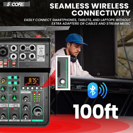 CC5- 5 Core Audio Mixer 4 Channel DJ Mixing Board Small Bluetooth USB Mezclador De Audio w Phantom Power Console for Live Recording Podcast Karaoke - MX 4CH 2MIC GLD - Likeshoppe 