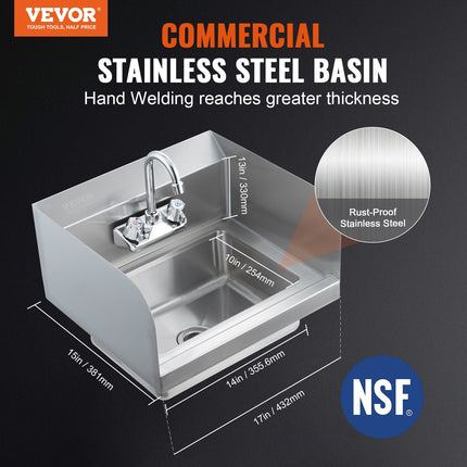 BW1- Commercial Hand Sink with Faucet and Side Splash, NSF Stainless Steel Sink for Washing, Small Hand Washing Sink, Wall Mount Hand Basin for Restaurant, Kitchen, Bar, Garage and Home - Likeshoppe 