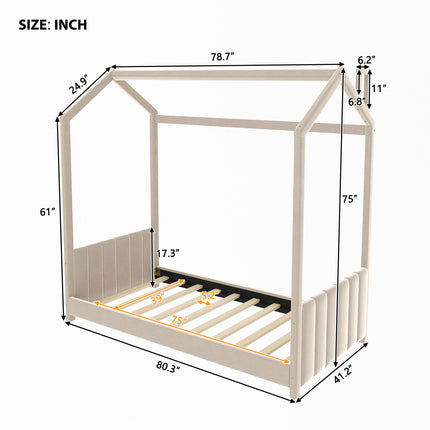 AS15- Twin Size Velvet House Bed Wood Bed - Likeshoppe 