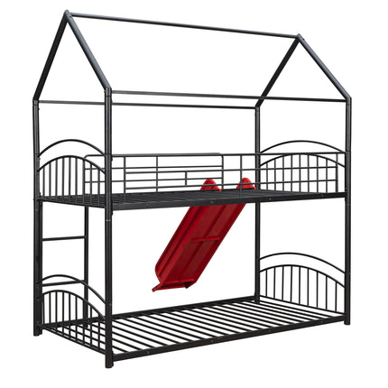 AS18-Twin Over Twin Metal Bunk Bed With Slide; Kids House Bed - Likeshoppe 