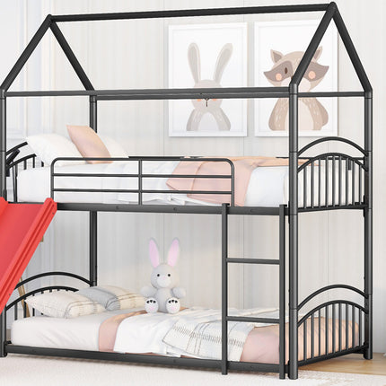 AS18-Twin Over Twin Metal Bunk Bed With Slide; Kids House Bed - Likeshoppe 