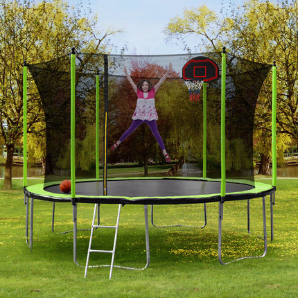 BA6- 14FT Trampoline with Basketball Hoop Inflator and Ladder(Inner Safety Enclosure) Green - Likeshoppe 