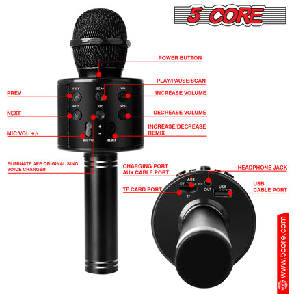 CC20- 5 Core Karaoke Wireless Microphones Bluetooth • w Stereo Mic Speaker • Portable Recording Microfono Inalambrico • SD Card & USB • Gifts Music Toys for Kids and Adults All Age- WM SPK BLK - Likeshoppe 