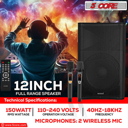 CC8- 5 Core Powered PA Speaker • 1500W Peak Portable Active Powered DJ Audio System • w Bluetooth 5.1 • SD USB AUX MIC FM RCA Input • 2 Wireless UHF Microphone • Remote- ACTIVE DJ 12 2-MIC - Likeshoppe 