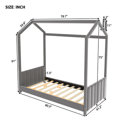 AS15- Twin Size Velvet House Bed Wood Bed - Likeshoppe 