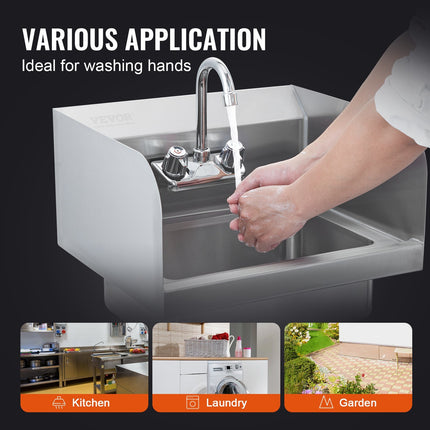 BW1- Commercial Hand Sink with Faucet and Side Splash, NSF Stainless Steel Sink for Washing, Small Hand Washing Sink, Wall Mount Hand Basin for Restaurant, Kitchen, Bar, Garage and Home - Likeshoppe 