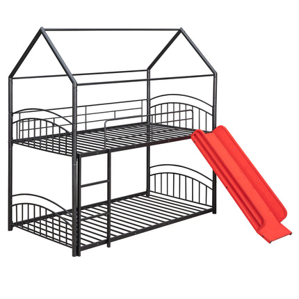 AS18-Twin Over Twin Metal Bunk Bed With Slide; Kids House Bed - Likeshoppe 