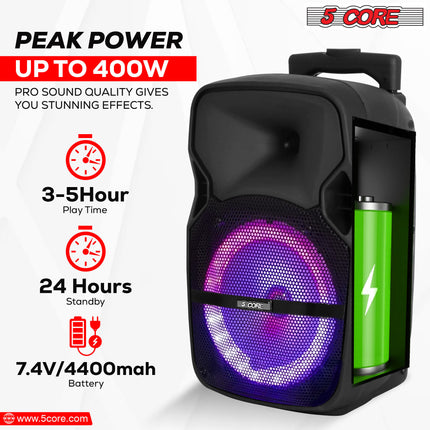CC10- 5 Core DJ speakers 10" Rechargeable Powered PA system 400W Loud Speaker Bluetooth USB SD Card AUX MP3 FM LED Ring - ACTIVE HOME 10 2-MIC - Likeshoppe 