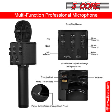 CC20- 5 Core Karaoke Wireless Microphones Bluetooth • w Stereo Mic Speaker • Portable Recording Microfono Inalambrico • SD Card & USB • Gifts Music Toys for Kids and Adults All Age- WM SPK BLK - Likeshoppe 