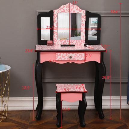 AY5- Kids Gisele Leopard Print Wooden Vanity Set with Tri-Fold Mirror Table and Chair, Pink/Black, - Likeshoppe 